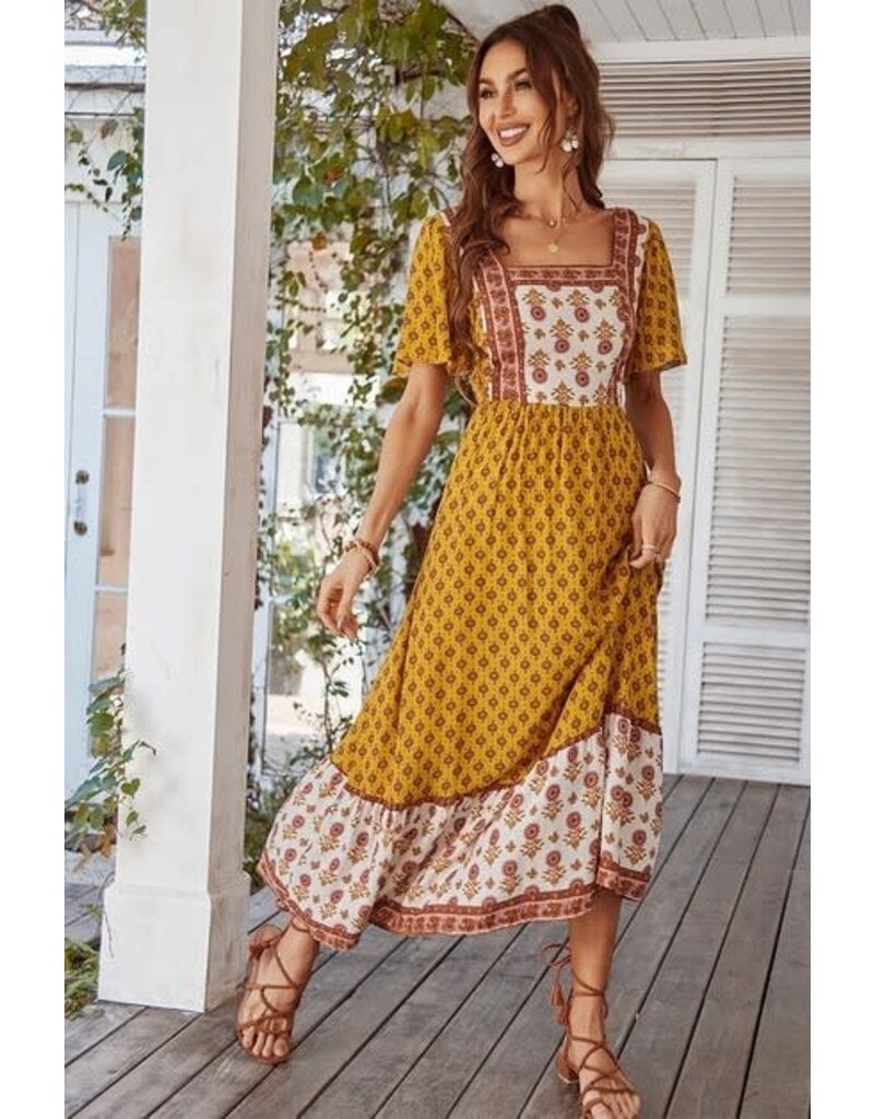 Square Neck Short Sleeve Floral Dress - Yellow