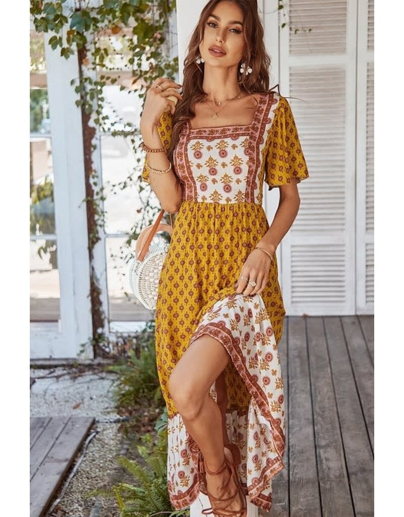 Square Neck Short Sleeve Floral Dress - Yellow