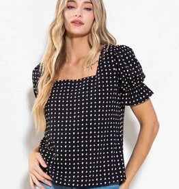 Square Neck Puff Sleeve Top -  Black
