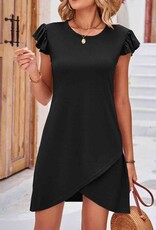 Plain Ruffled Cap Sleeve Dress - Black