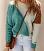 Colorblock Ribbed Trim Round Neck Sweater - Teal