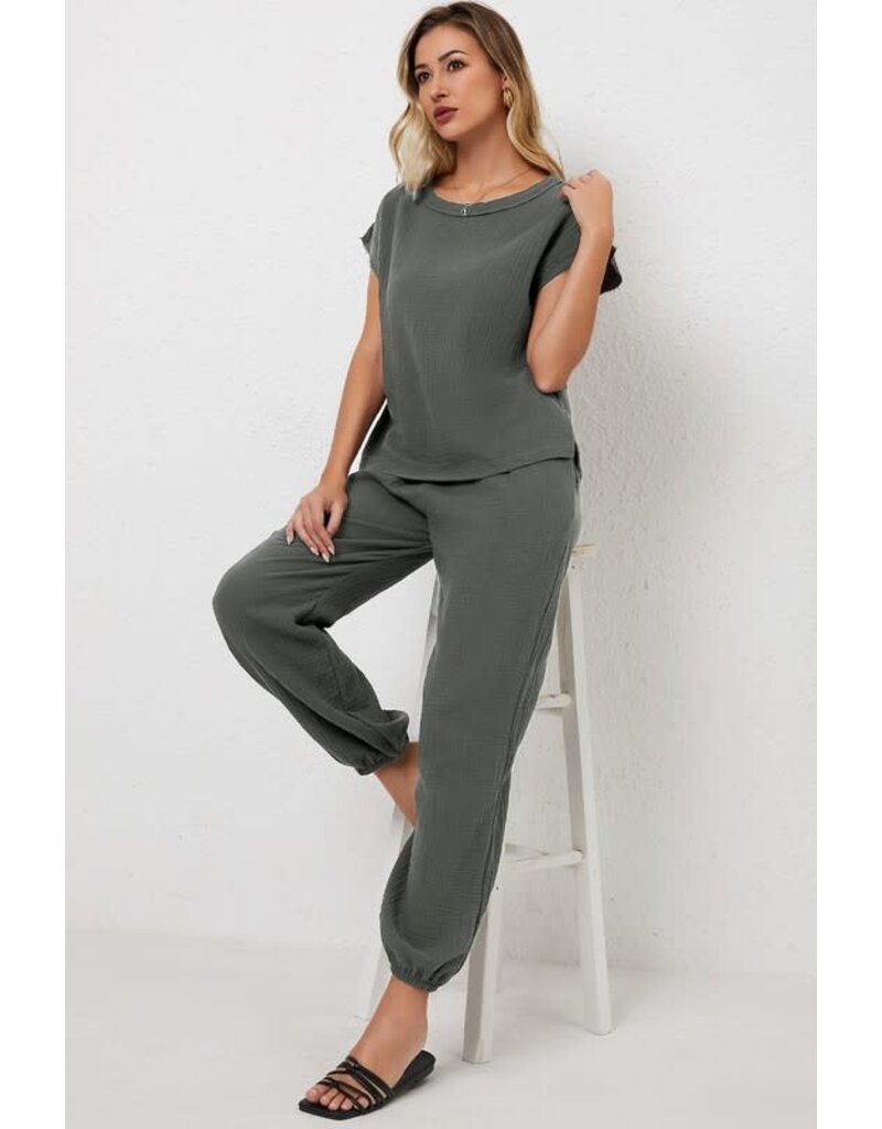 Crinkled Texture Jogger Pants - Grey