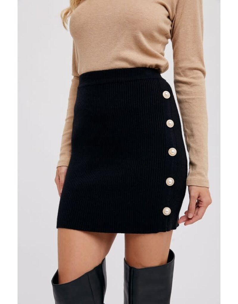 Pearl Buttoned Sweater Mini Skirt - Black