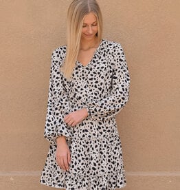 Leopard V Neck Long Sleeves Dress - Beige