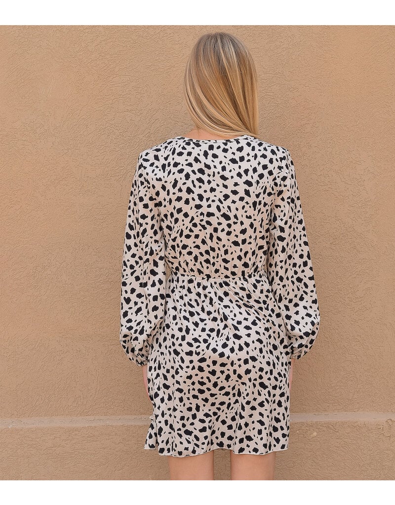 Leopard V Neck Long Sleeves Dress - Beige