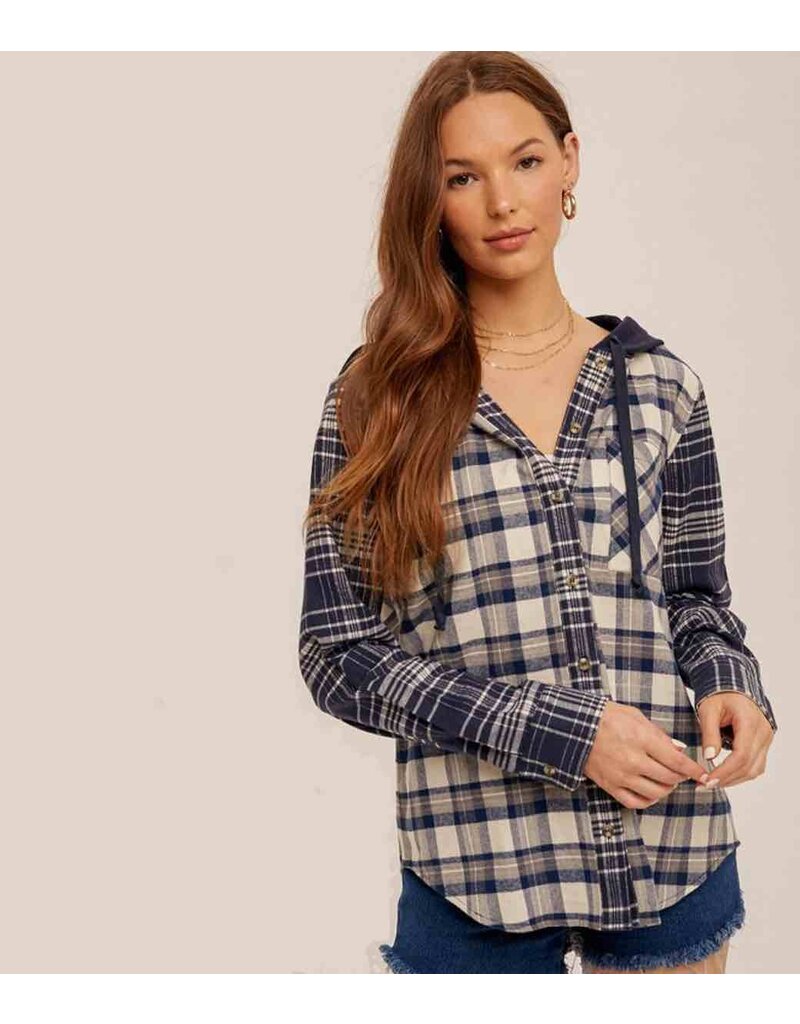 Mixed Plaid Hooded Button Down - Navy