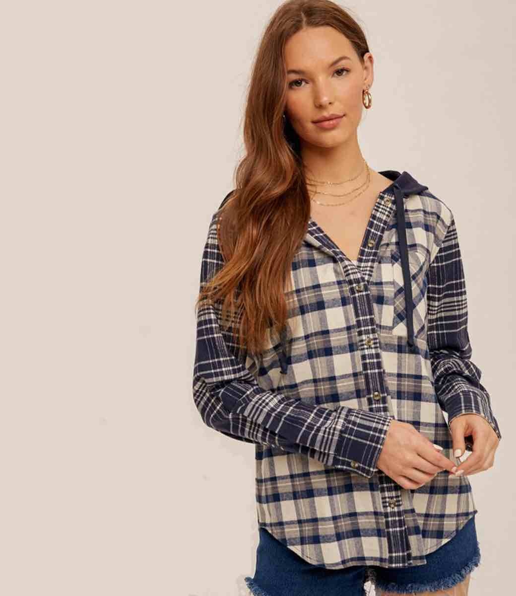 Mixed Plaid Hooded Button Down - Navy - Boutique 23
