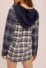 Mixed Plaid Hooded Button Down - Navy