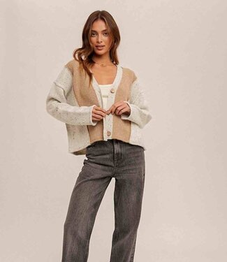 Textured Color Block Boxy Cardigan - Heather Grey/Taupe