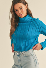 Cable Knit Turtleneck Sweater - Teal Blue