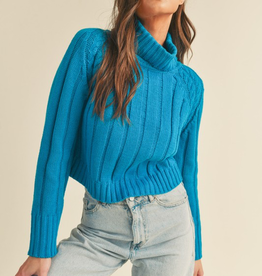 Cable Knit Turtleneck Sweater - Teal Blue
