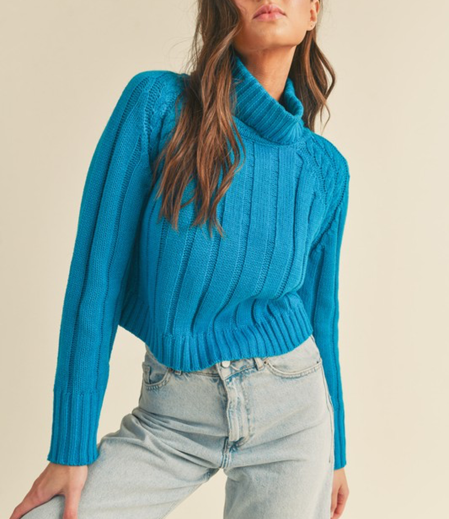 Cable Knit Turtleneck Sweater - Teal Blue - Boutique 23