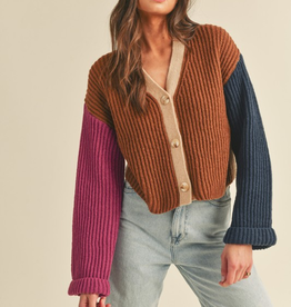 Color Block Knit Sweater Cardigan - Taupe Multi