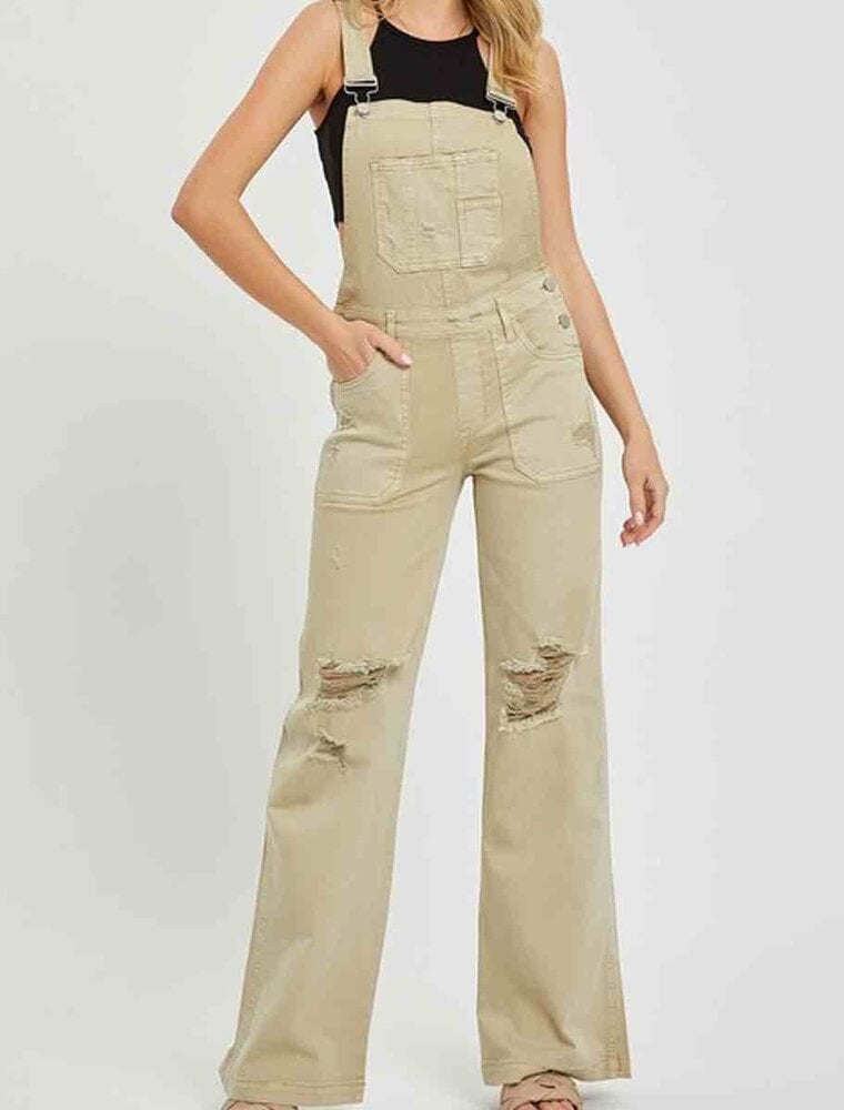 Front Patch Wide Leg Overalls - Khaki