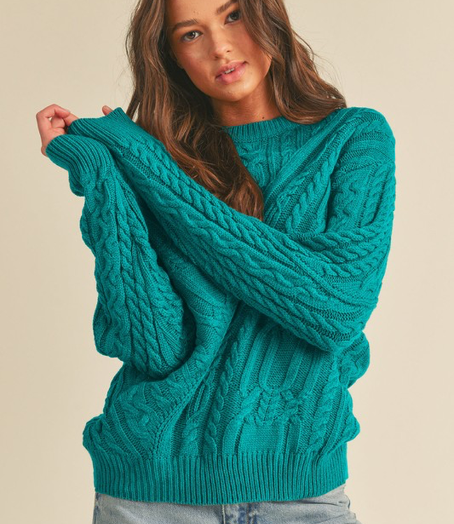 Chunky Cable Knit Crew Neck Sweater - Apline Green - Boutique 23