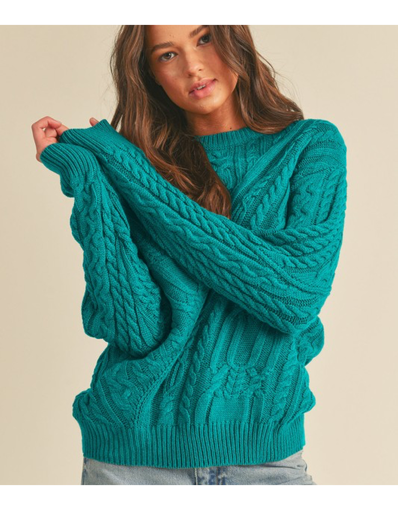 Chunky Cable Knit Crew Neck Sweater - Apline Green
