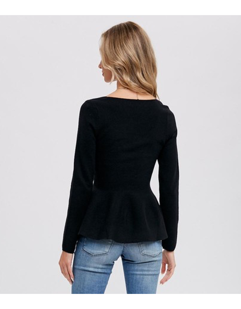 Square Neck Peplum Sweater Top - Black