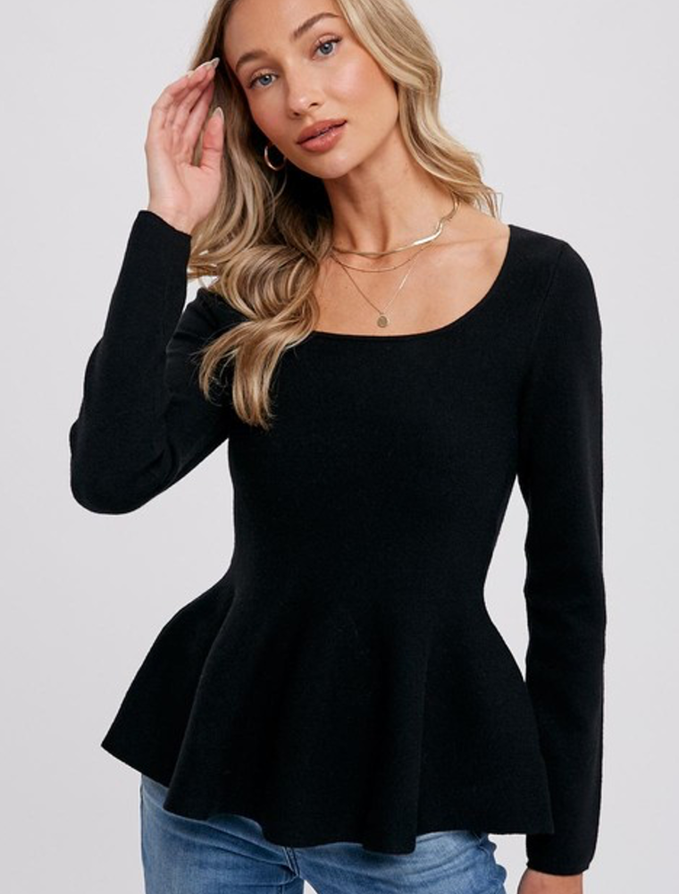 Square Neck Peplum Sweater Top - Black