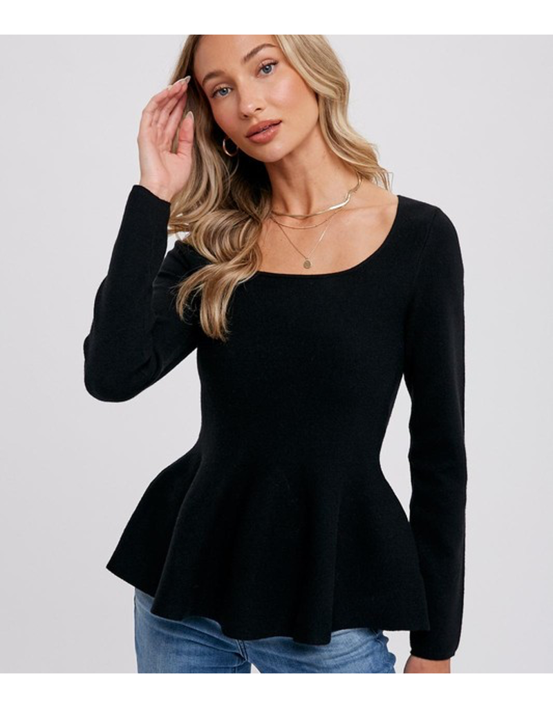Square Neck Peplum Sweater Top - Black