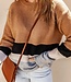 Color Block Striped Ribbed Knit Sweater - Brown