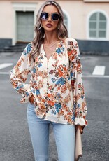 Floral Print Button Hem Ruffle Sleeves Lined Top