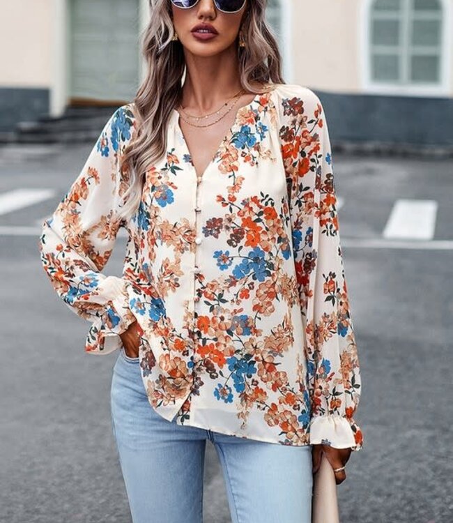 Long Sleeve Printed Chiffon Hem Sweater