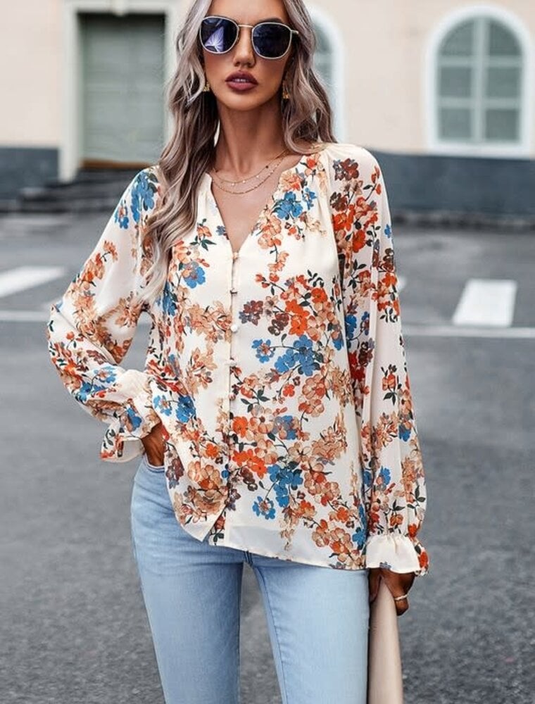 Floral Print Button Hem Ruffle Sleeves Lined Top