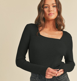 Fitted Ribbed Square Neck Sweater - Black