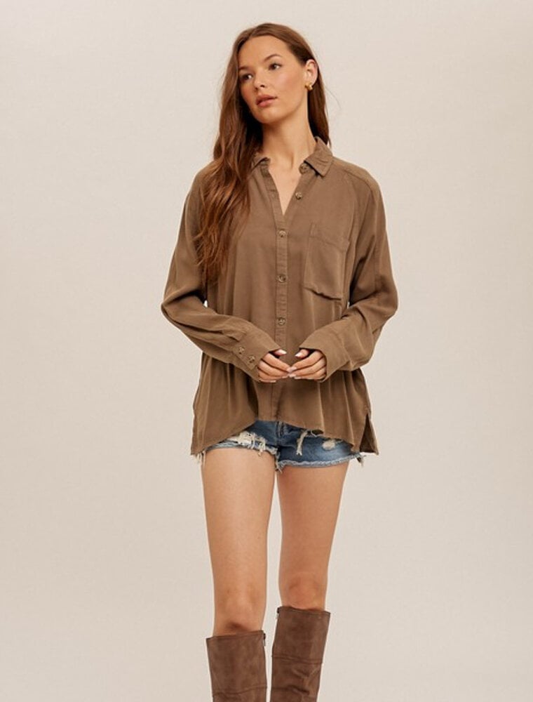 Snow Wash Oversized Button Down - Olive