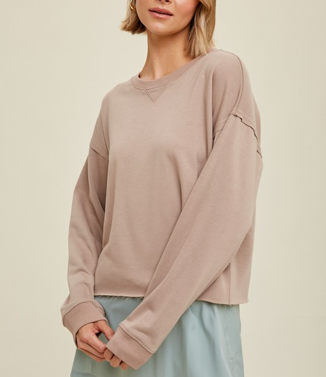 French Terry Knit Top With Raw Edge - Stone