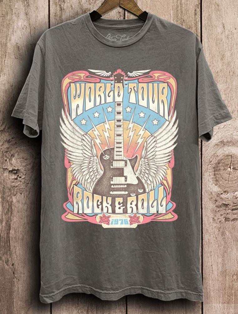 World Tour Rock & Roll Graphic Top - Stone Gray