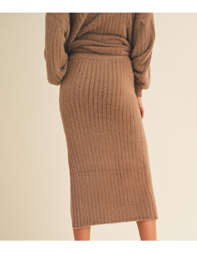 Ribbed Knee Length Sweater Skirt - Chestnut