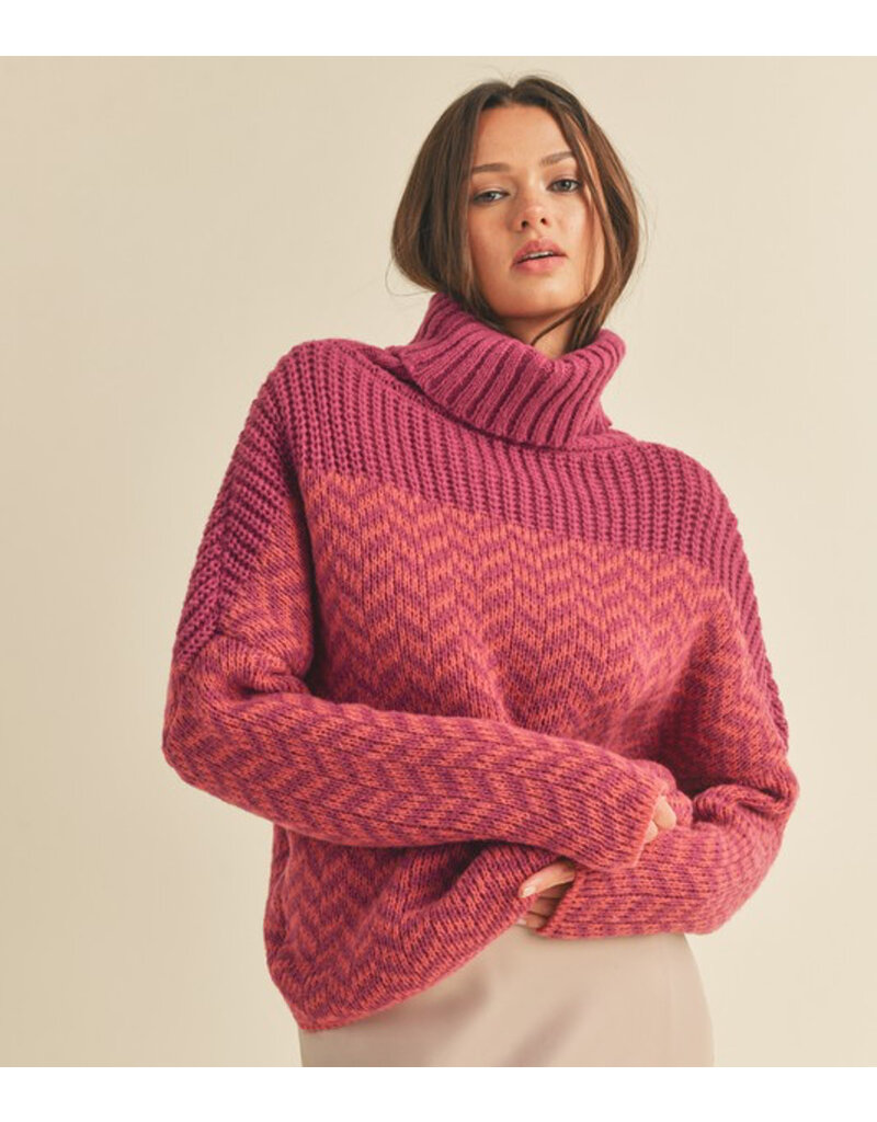 Turtleneck Chevron Knit Sweater - Fuchsia Pink