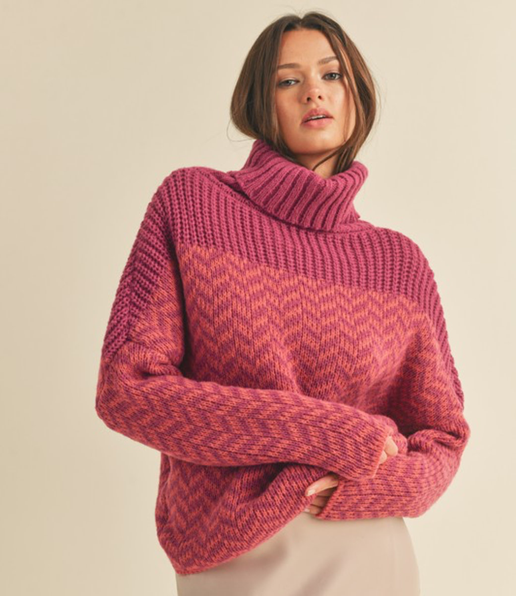 Turtleneck Chevron Knit Sweater Fuchsia Pink Boutique 23