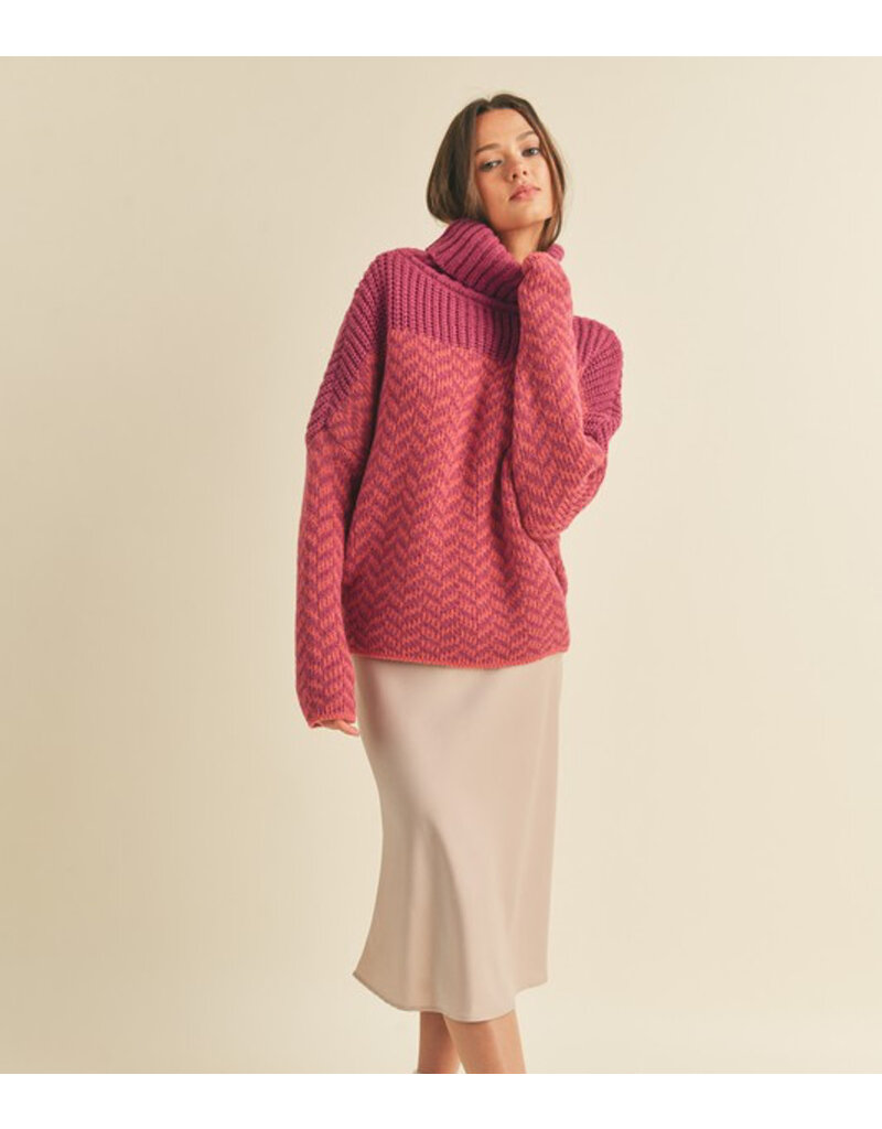 Turtleneck Chevron Knit Sweater - Fuchsia Pink