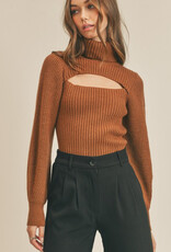Ribbed Knit Cutout Turtleneck Sweater - Roasted Pecan