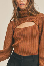 Ribbed Knit Cutout Turtleneck Sweater - Roasted Pecan