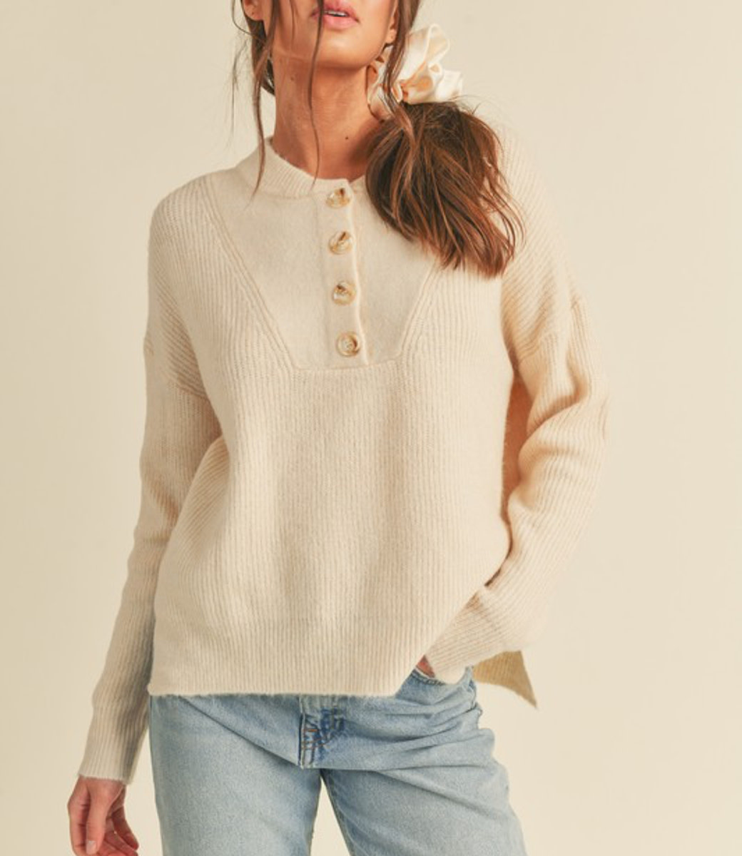 Waffle Knit Henley Top - White