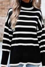 Stripe Mock Neck Loose Fit Sweater - Black