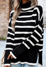 Stripe Mock Neck Loose Fit Sweater - Black