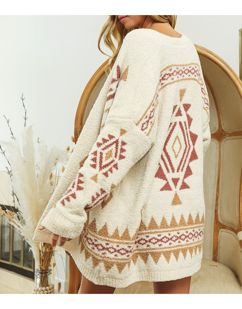 Aztec Pattern Comfy Sweater Cardigan - Oatmeal Combo