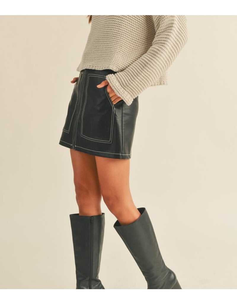 Color Stitch Faux Leather Skirt - Black