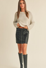 Color Stitch Faux Leather Skirt - Black