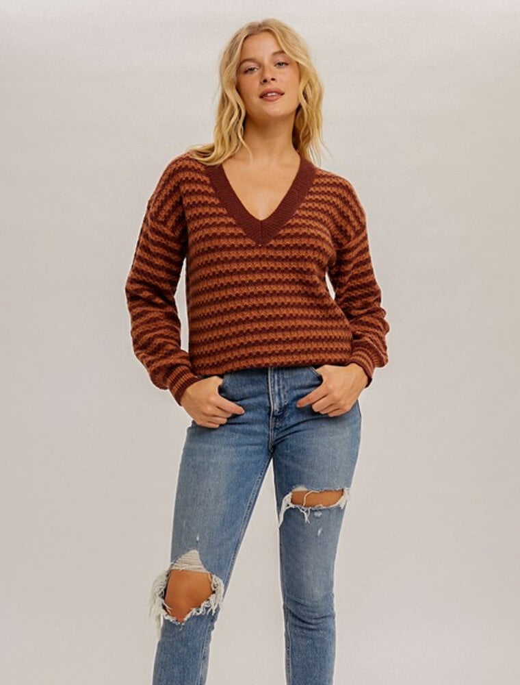 V-Neck Striped Bubble Sleeve Sweater - Burgundy