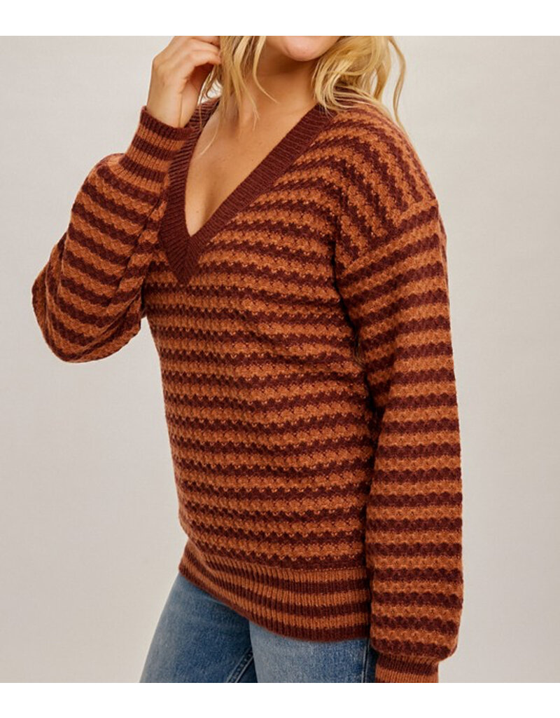 V-Neck Striped Bubble Sleeve Sweater - Burgundy