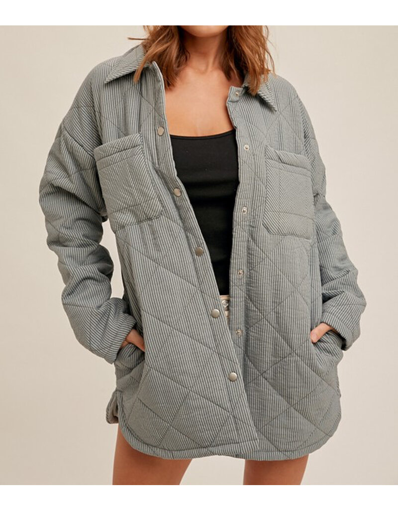 Quilted Stripe Button Down Shacket - Dusty Jade
