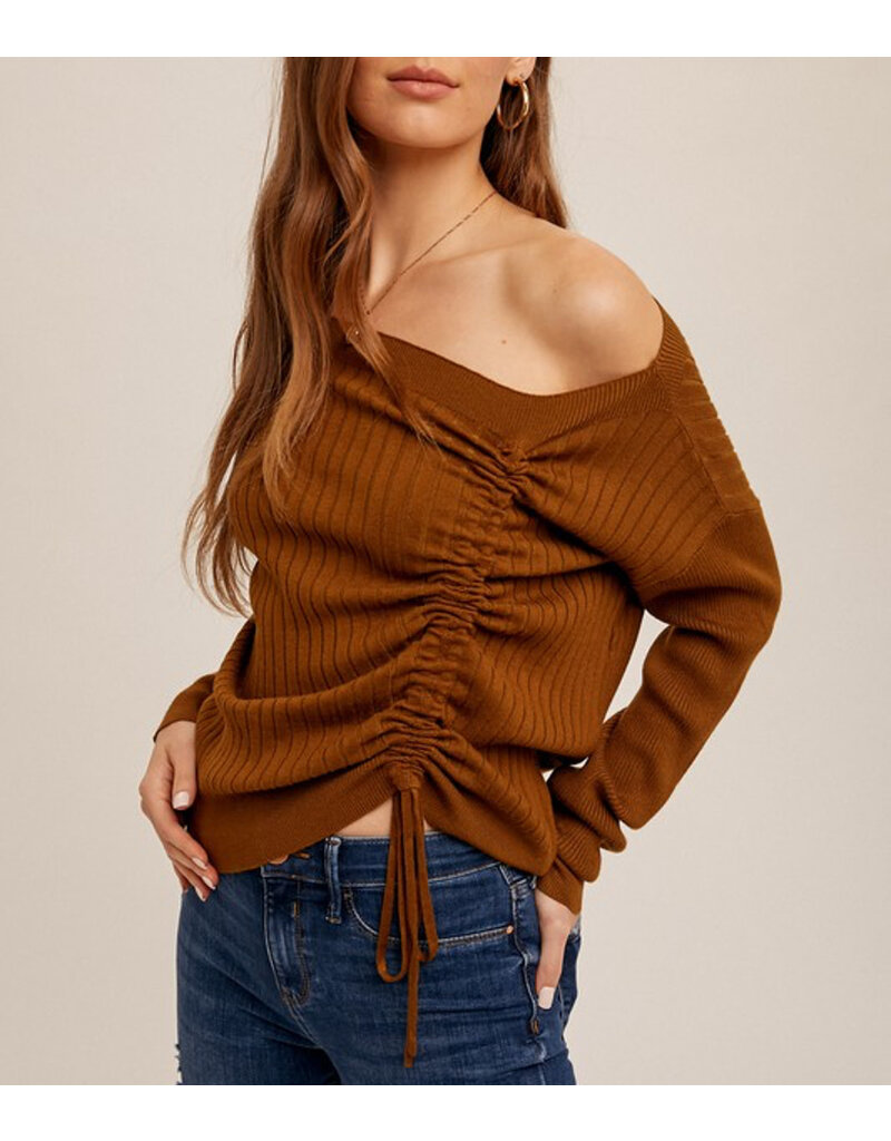 Ruched Drawstring Asymetrical Sweater - Chai