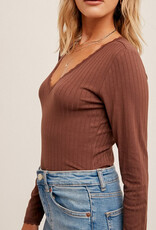 Lace Trimmed V Neck Ribbed Long Sleeve - Chocolate