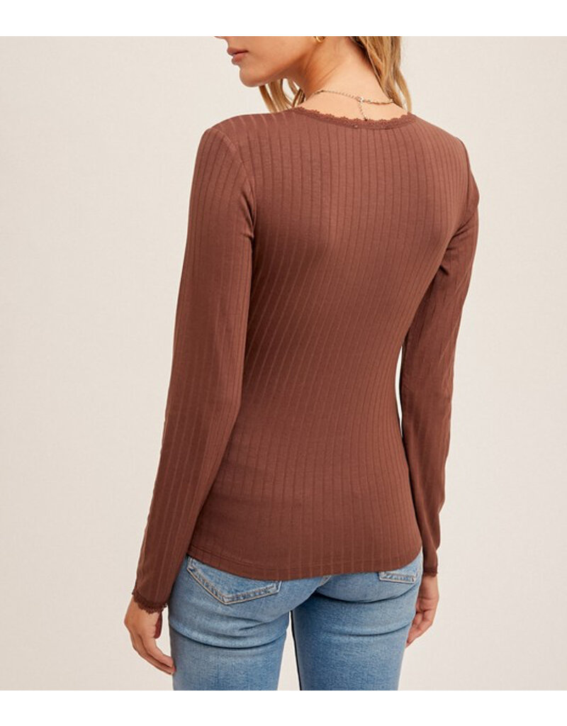 Lace Trimmed V Neck Ribbed Long Sleeve - Chocolate