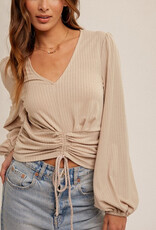 Ruching V Neck Ribbed Top - Light Taupe